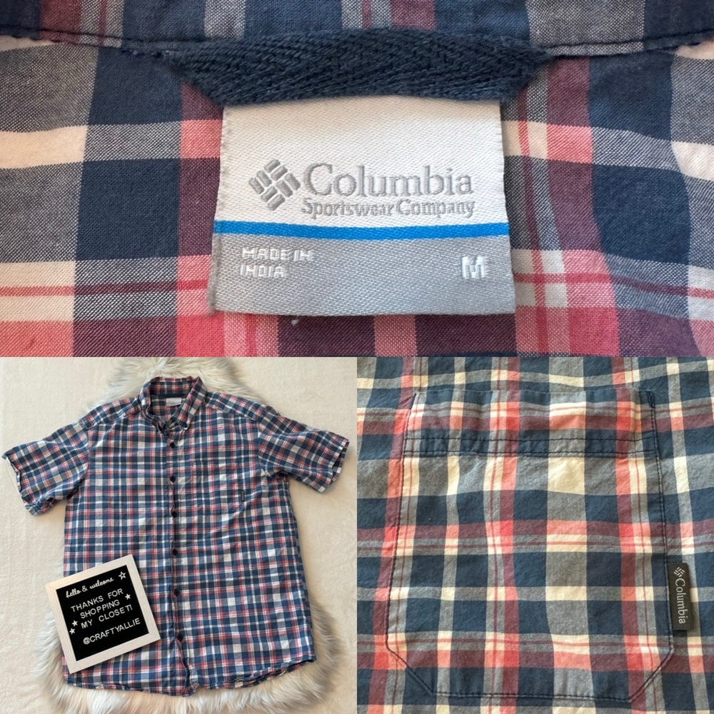 Columbia Blue & Pink Plaid Cotton Short Sleeve Button Down Shirt | Men’s Medium